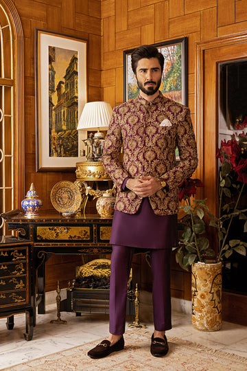 Purple Self Embossed Prince Coat