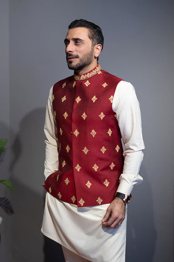 Burn Red Cotton Silk Waist Coat