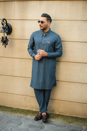 TEAL GREEN TEXTURE WASH N WEAR KURTA PAJAMA