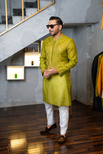 Pallete Green Self Embossed Squence Work Kurta