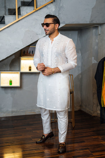 White Embossed Sequence Work Kurta Pajama