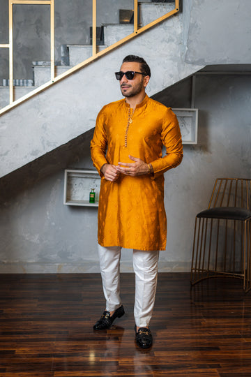 Mustard Embossed Kurta Pajama