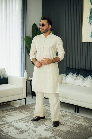 Ivory Embossed Mirror Work Kurta