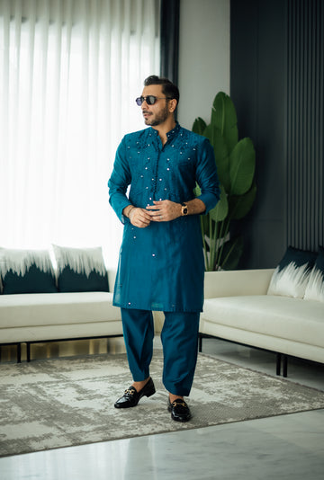 Teal Blue Mirror Embossed Kurta Shalwar