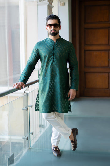 "QAMASH" EMERALD GREEN KURTA PAJAMA