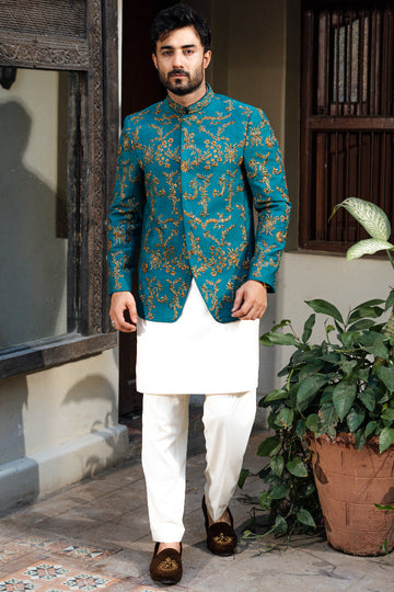 Teal Blue Cotton Silk Prince Coat