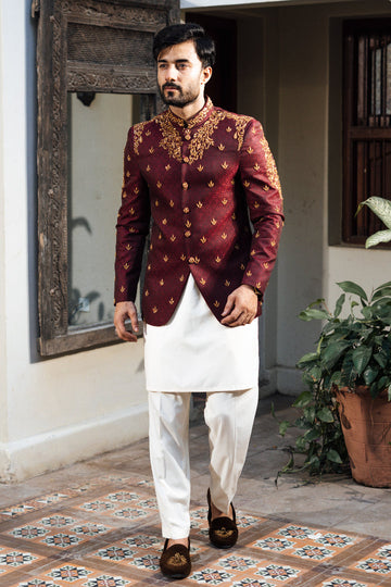 Maroon Jamawar Prince Coat