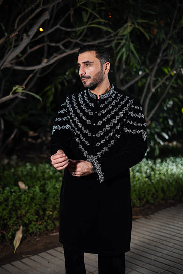 BLACK & SILVER VELVET KURTA PAJAMA