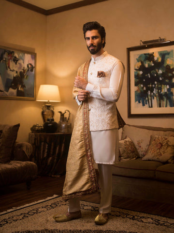White Embossed Sequence Waist Coat