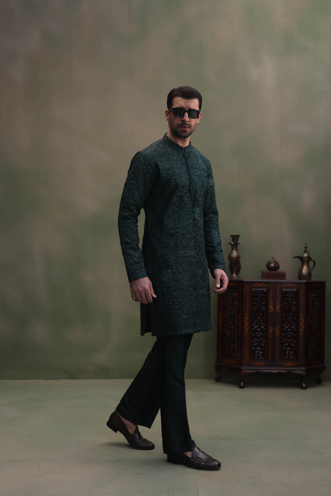 green Embroidered Embellish Full Hand Work Kurta Pajama