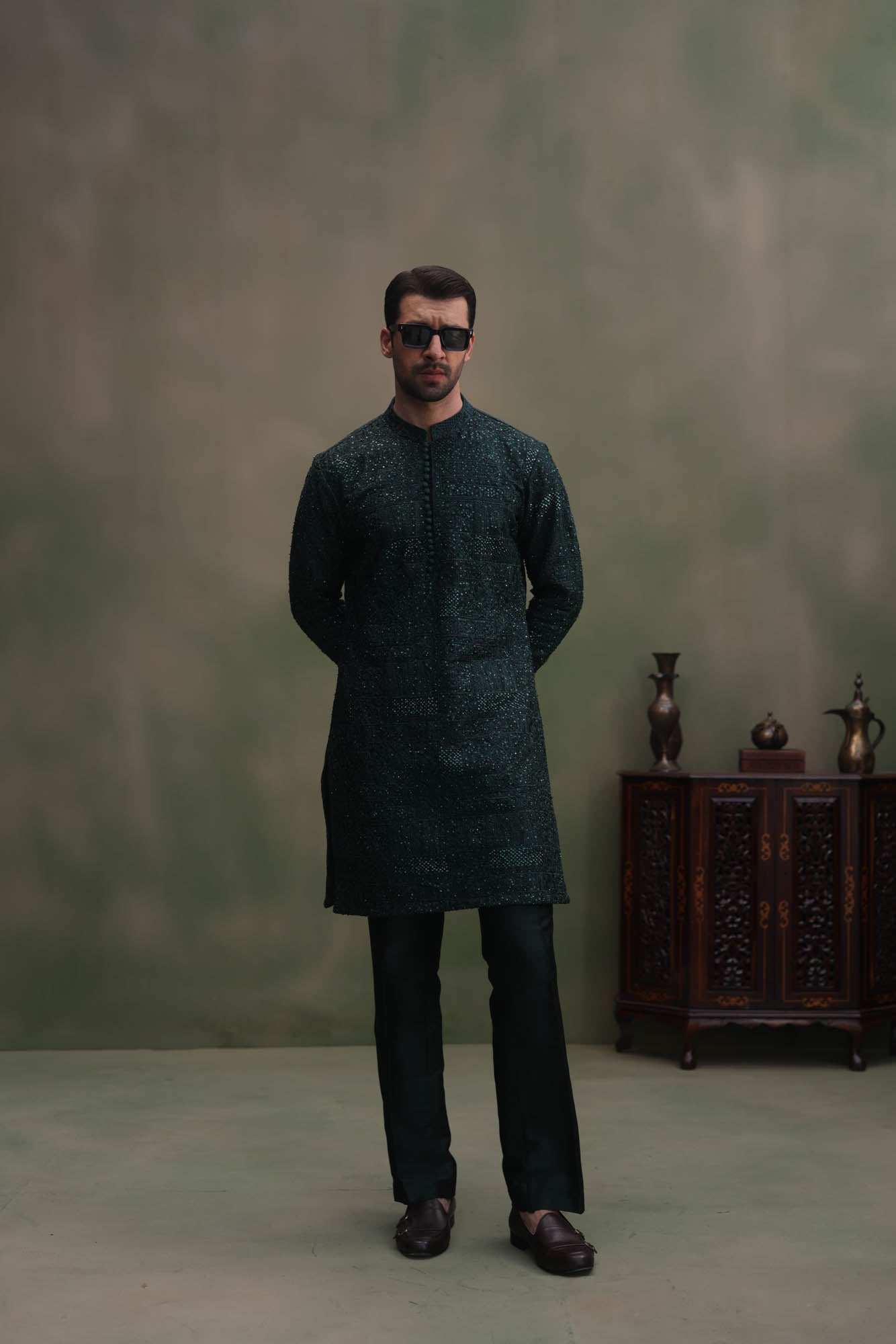 green Embroidered Embellish Full Hand Work Kurta Pajama
