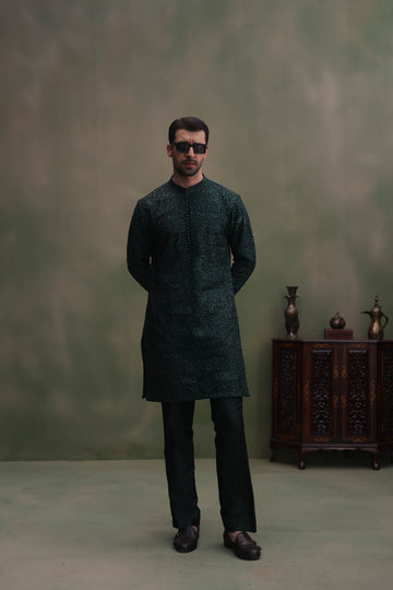 green Embroidered Embellish Full Hand Work Kurta Pajama