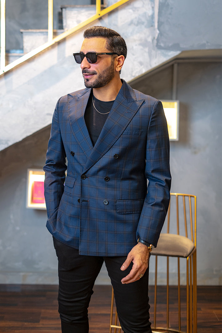 Navy Blue Checkered Blazer