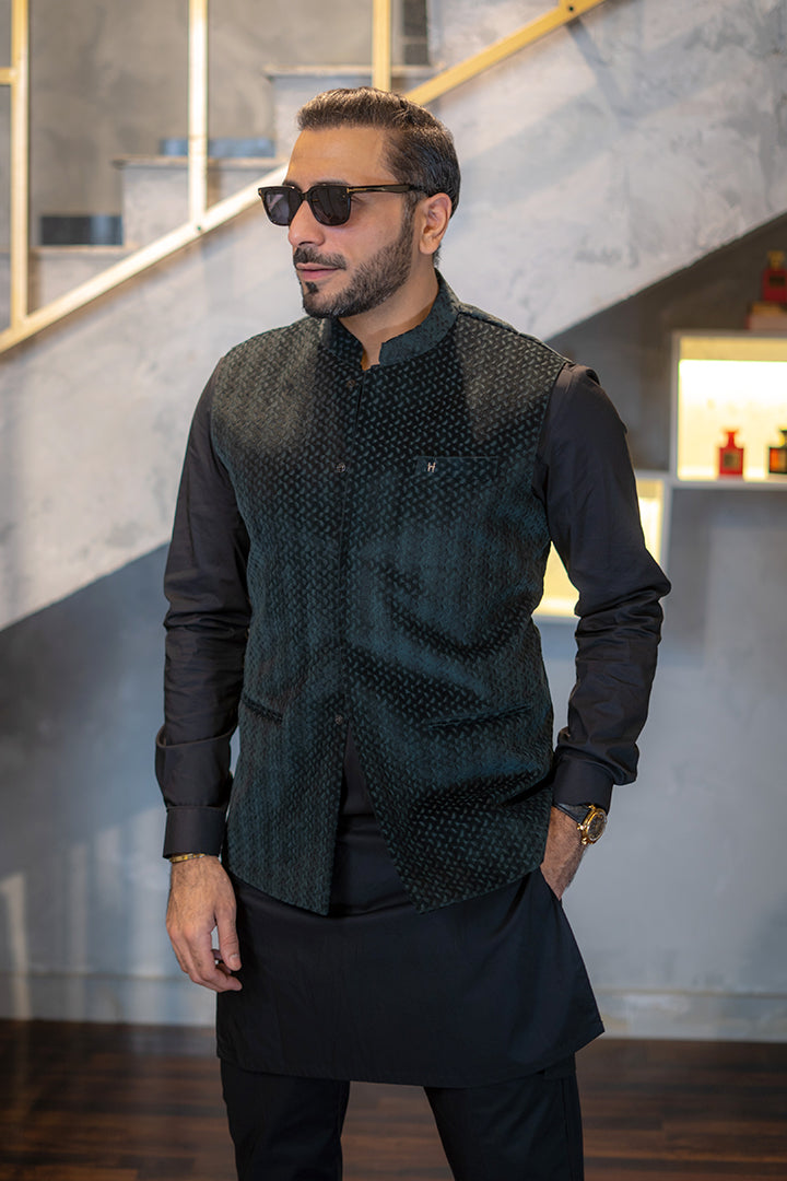 Green Velvet Self Embossed Waist Coat