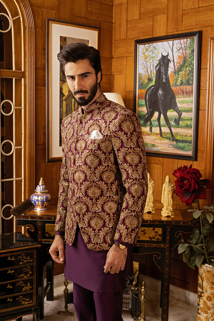 Purple Self Embossed Prince Coat