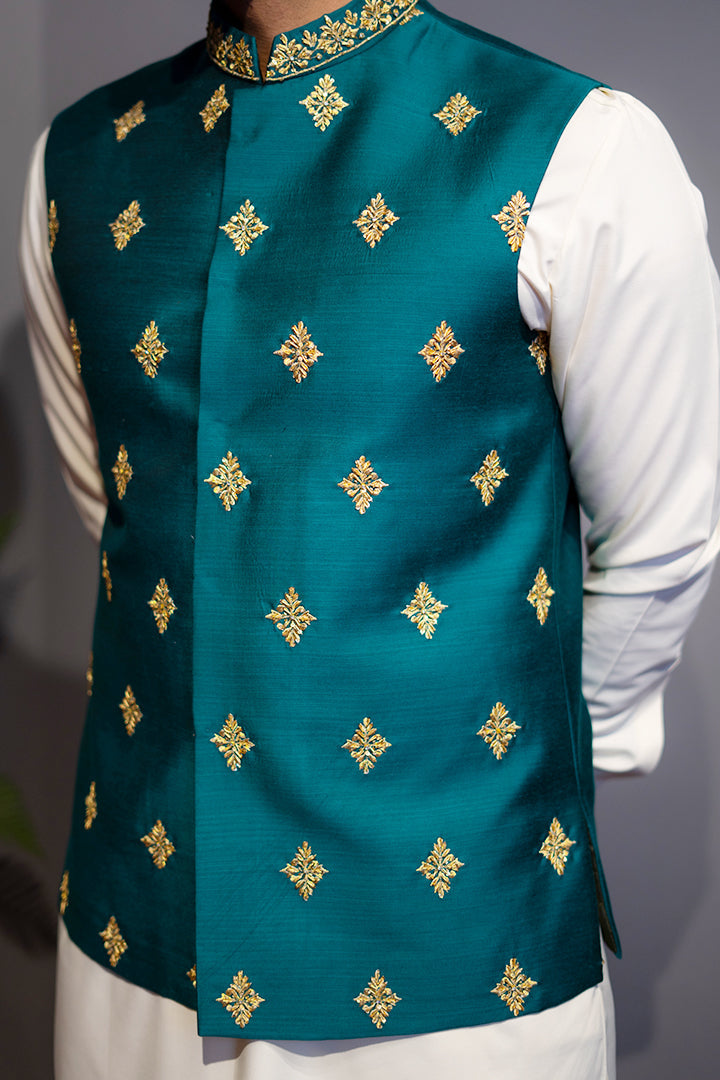 Teel Green Cotton Silk Waist Coat