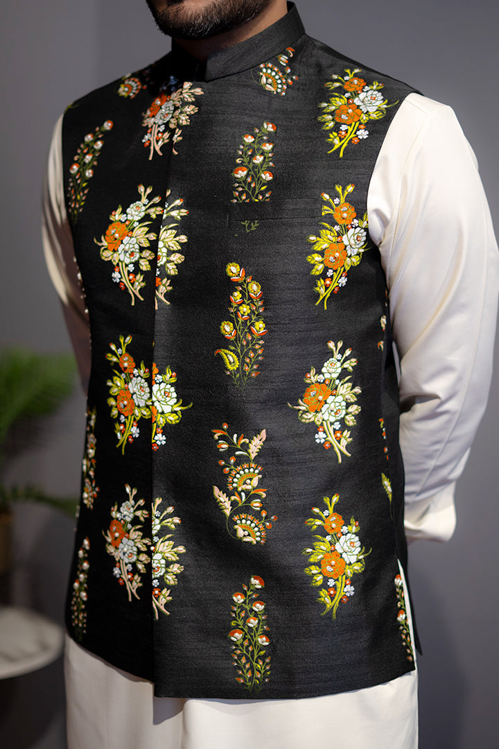 Raw Silk Black Waist Coat