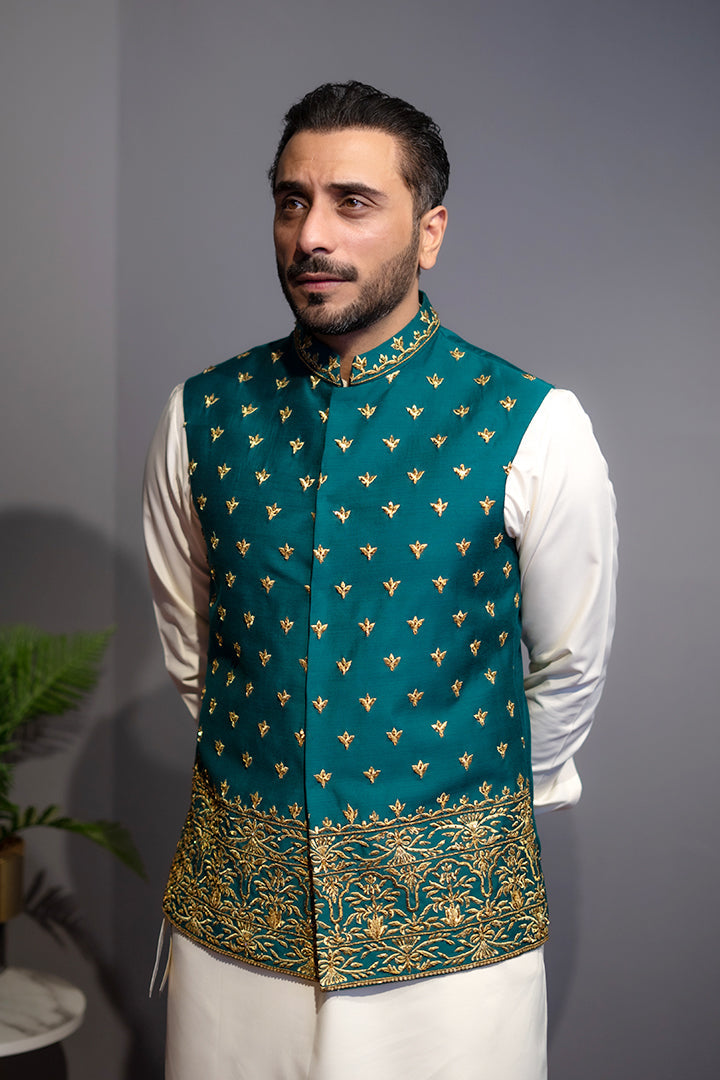 Teel Green Cotton Silk Waist Coat