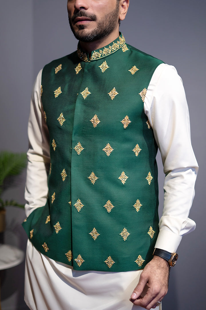 Dark Green Cotton Silk Waist Coat