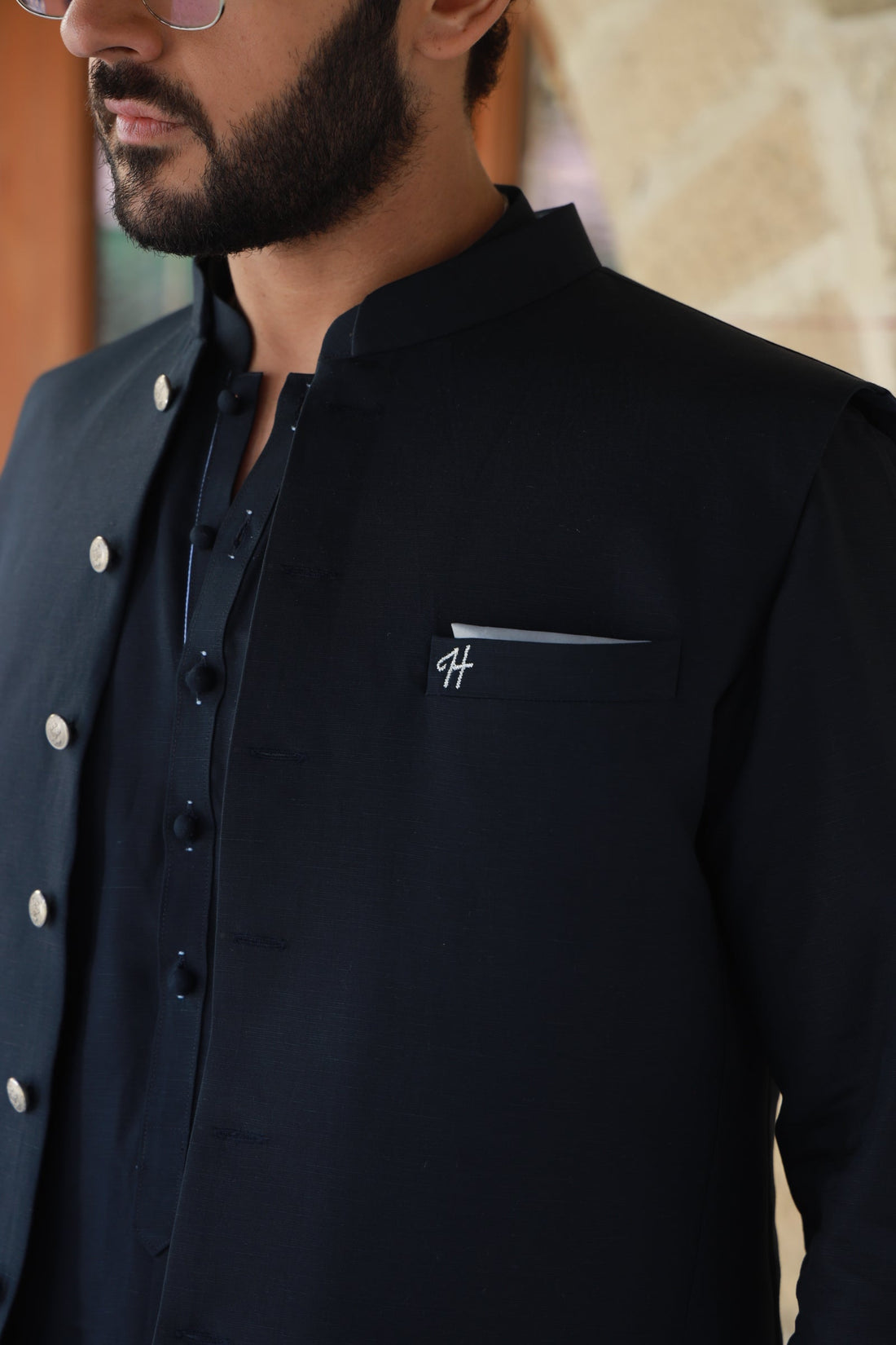 NAVY BLUE LINEN WAIST COAT