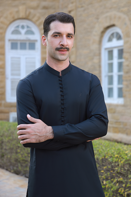 BLACK COTTON SATIN KURTA PAJAMA