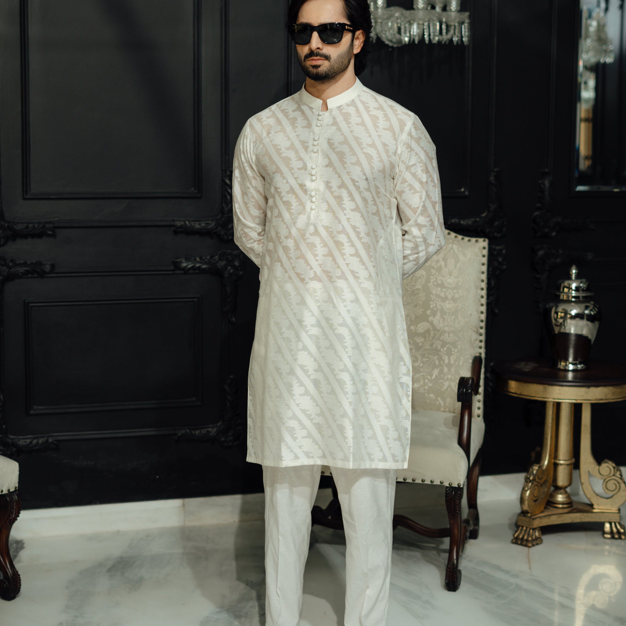 "QAMASH" IVORY KURTA PAJAMA