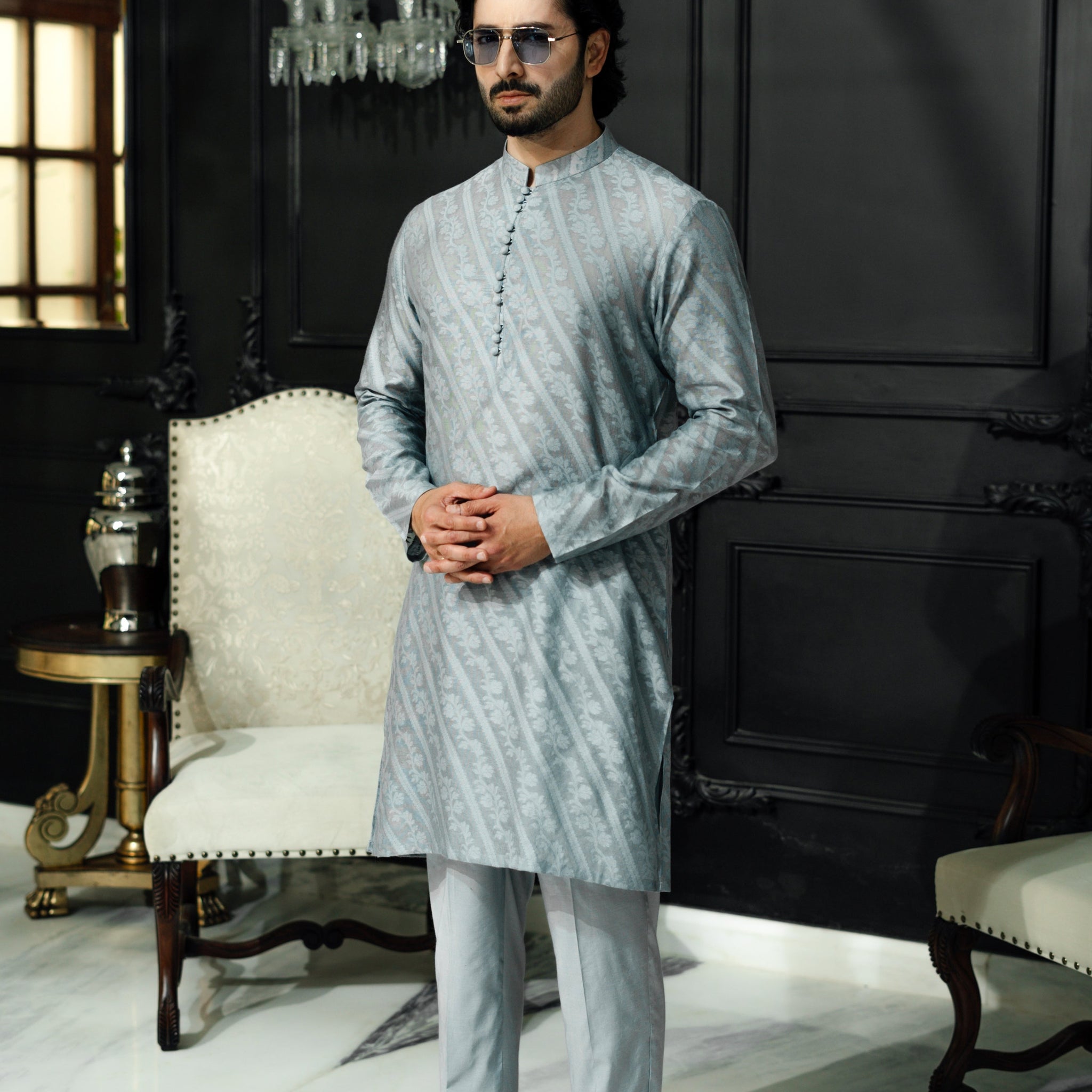 "QAMASH" GREY KURTA PAJAMA