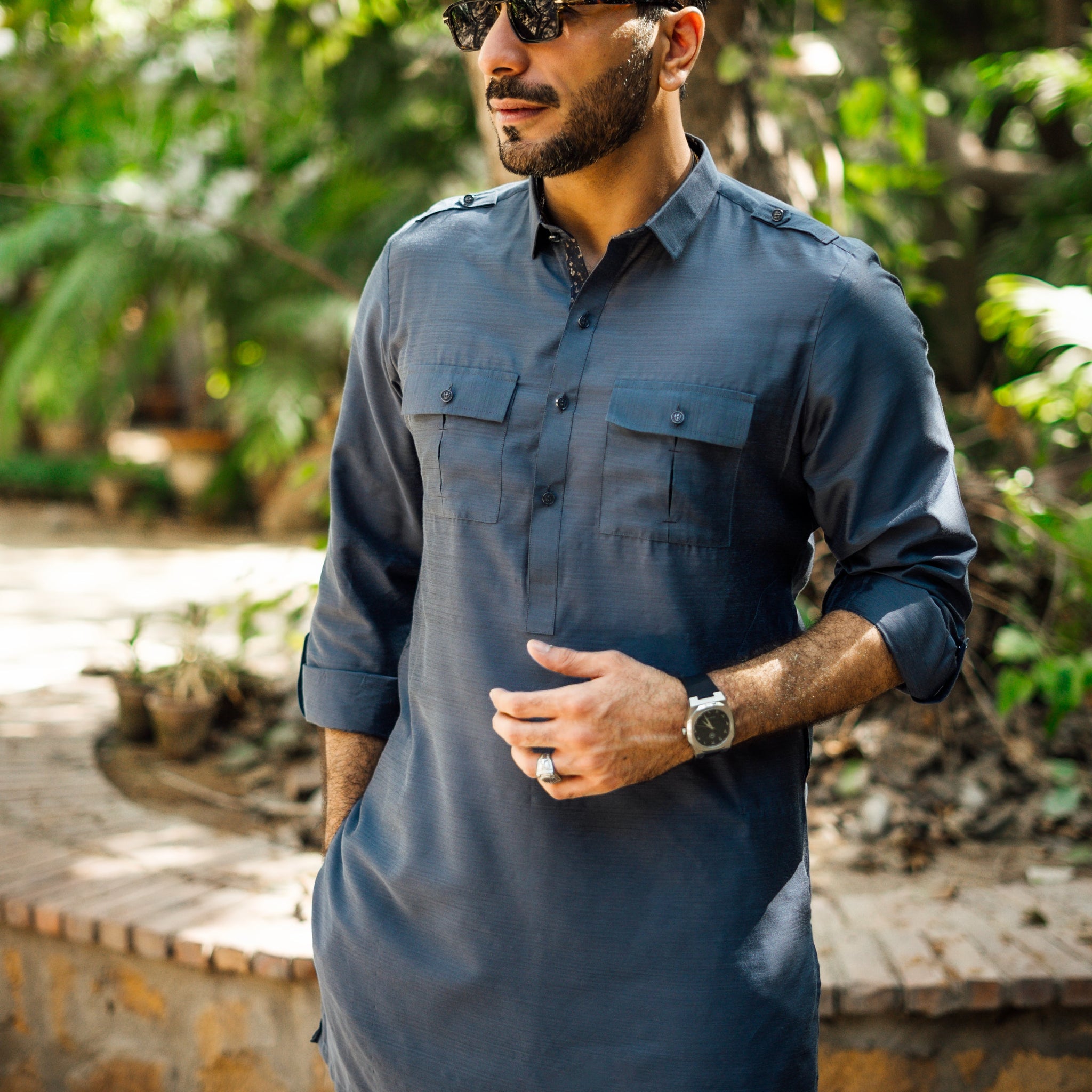 OCEAN GREY COTTON SILK KURTA PAJAMA