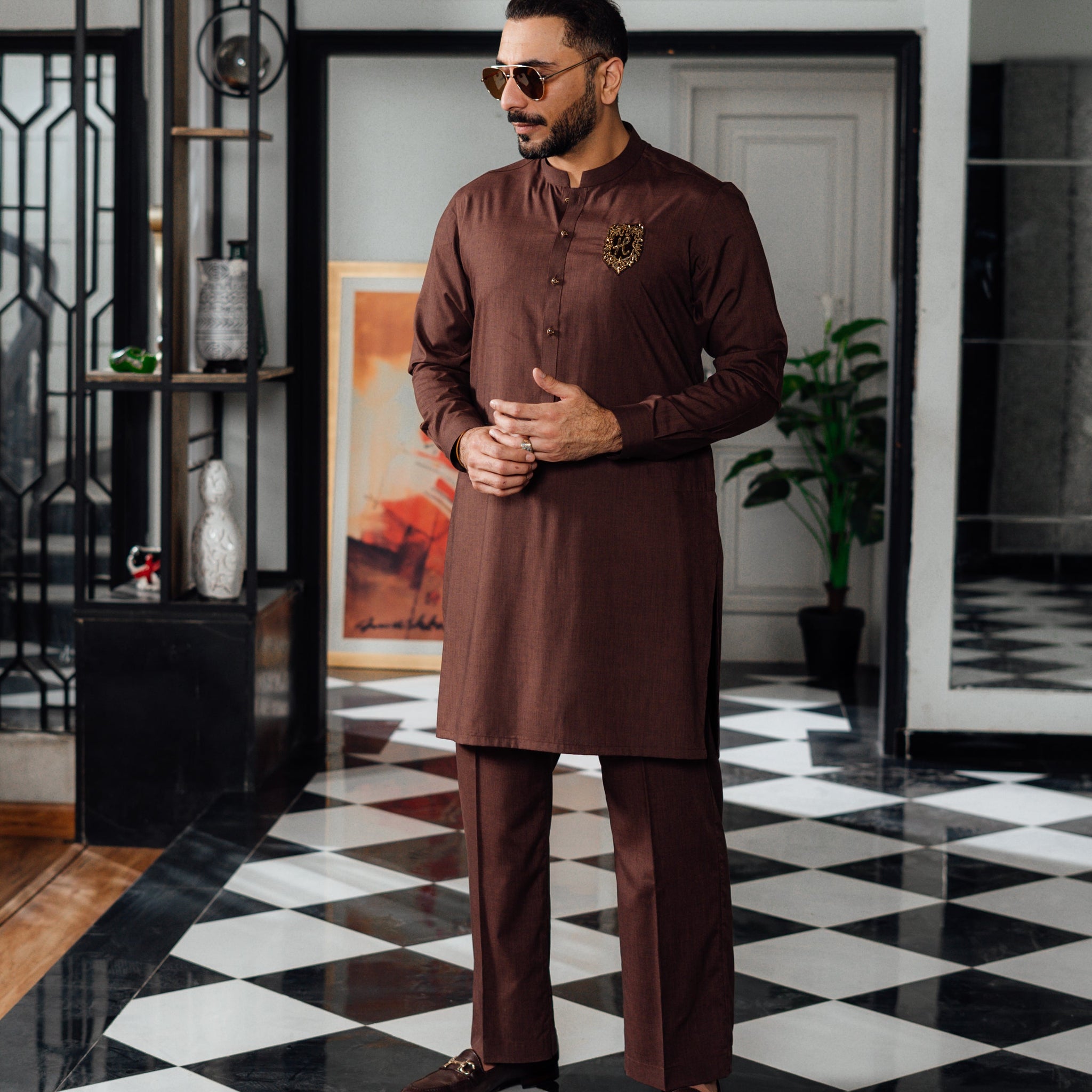 BROWN TEXTURE WASH N WEAR KURTA PAJAMA