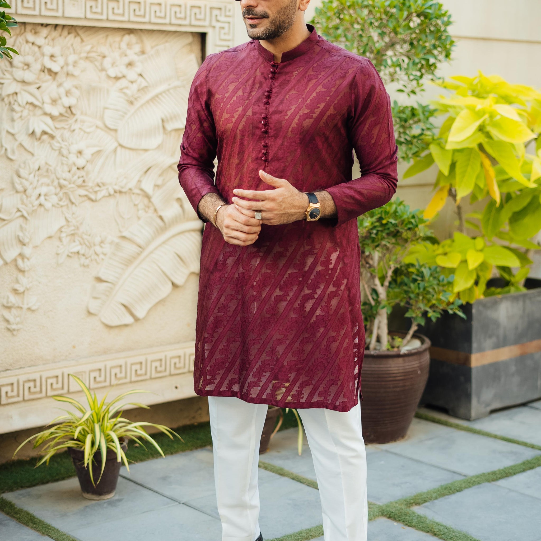 "QAMASH" MAROON KURTA PAJAMA