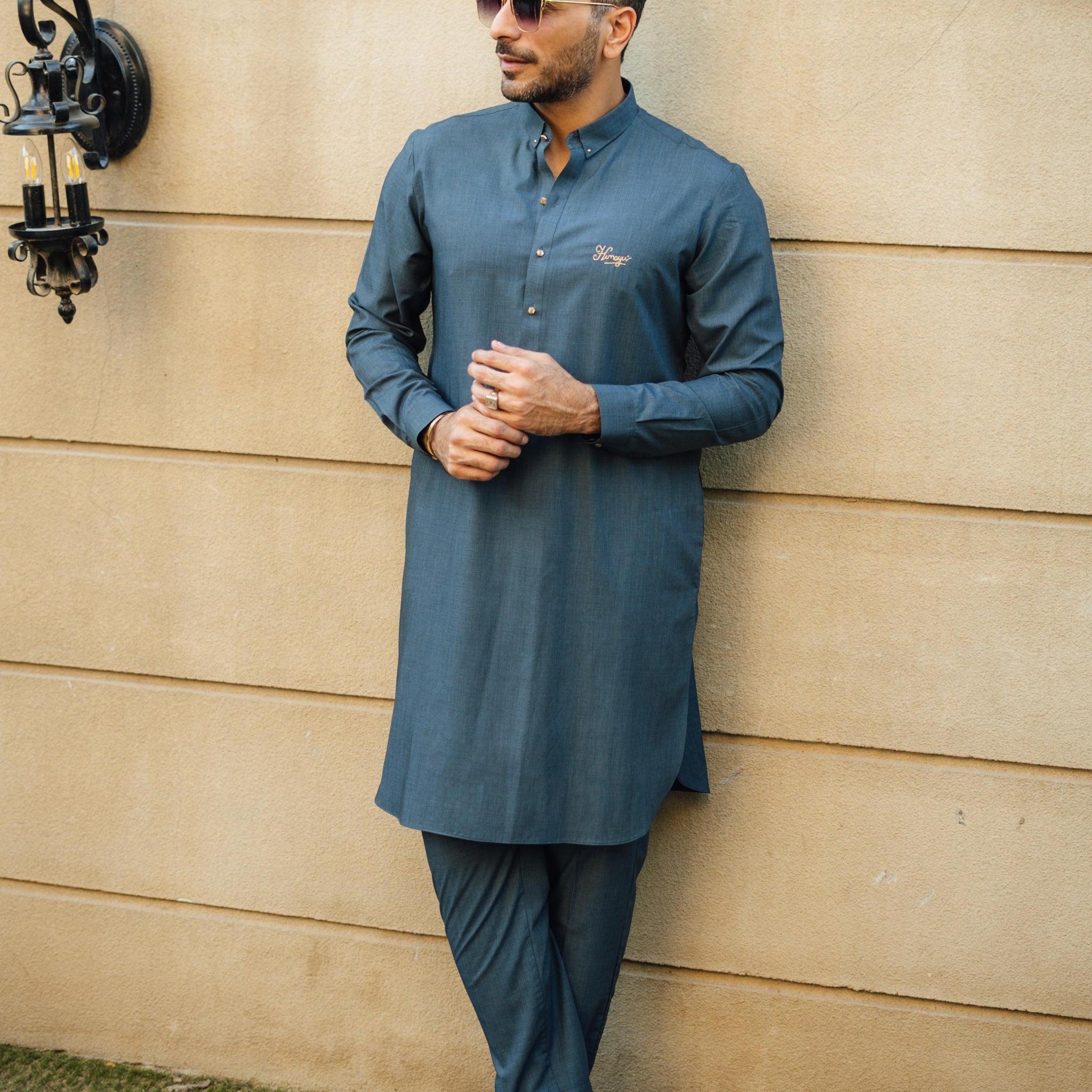 TEAL GREEN TEXTURE WASH N WEAR KURTA PAJAMA