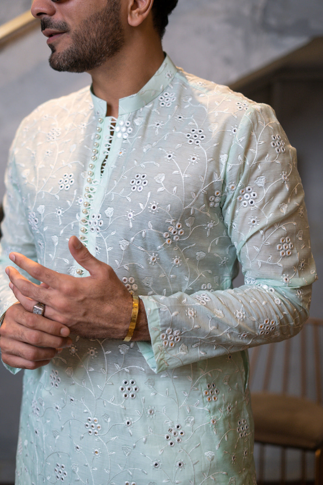 Mint Green Embossed Mirror Work Kurta