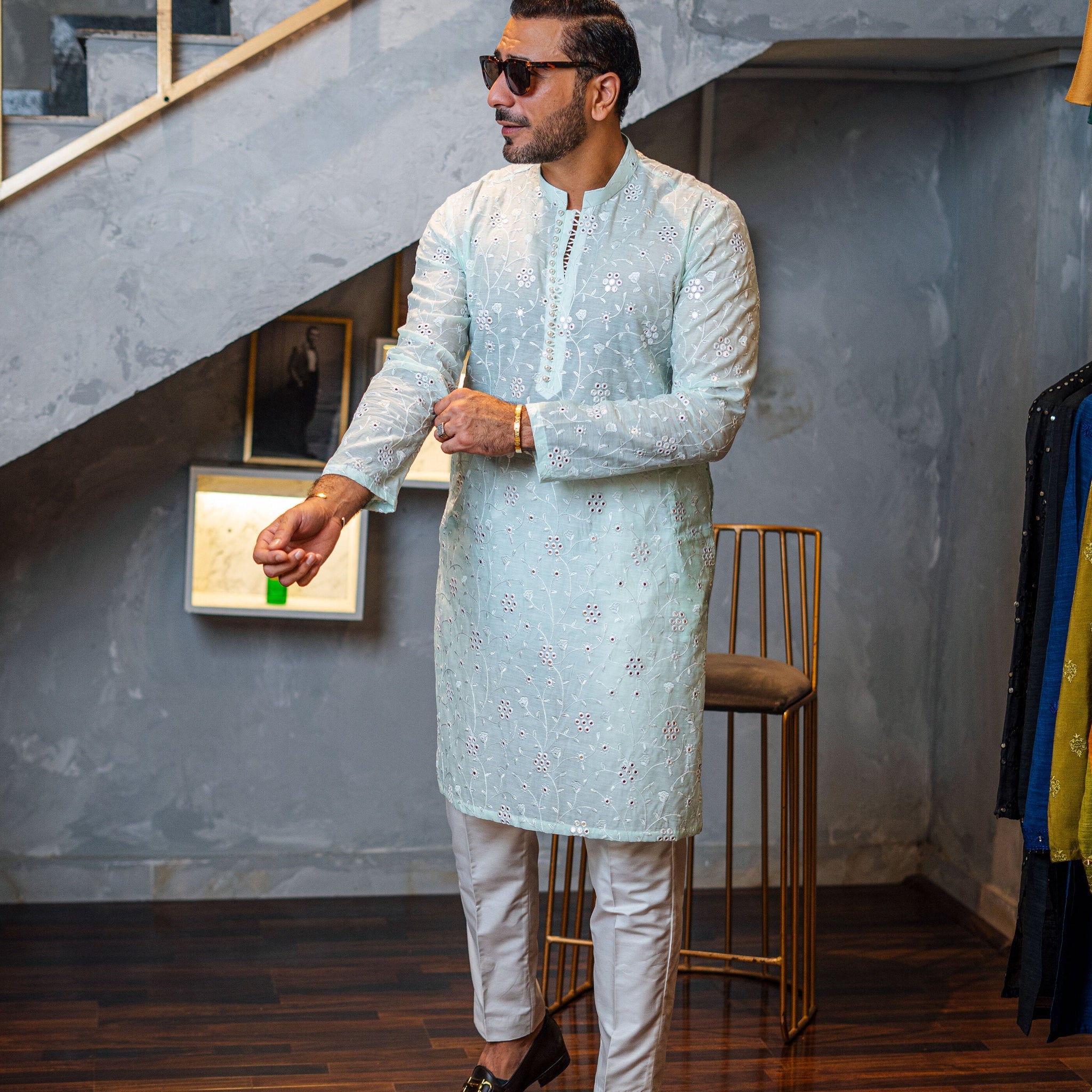 Mint Green Embossed Mirror Work Kurta