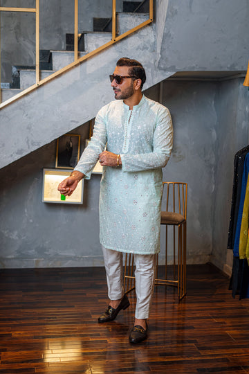 Mint Green Embossed Mirror Work Kurta