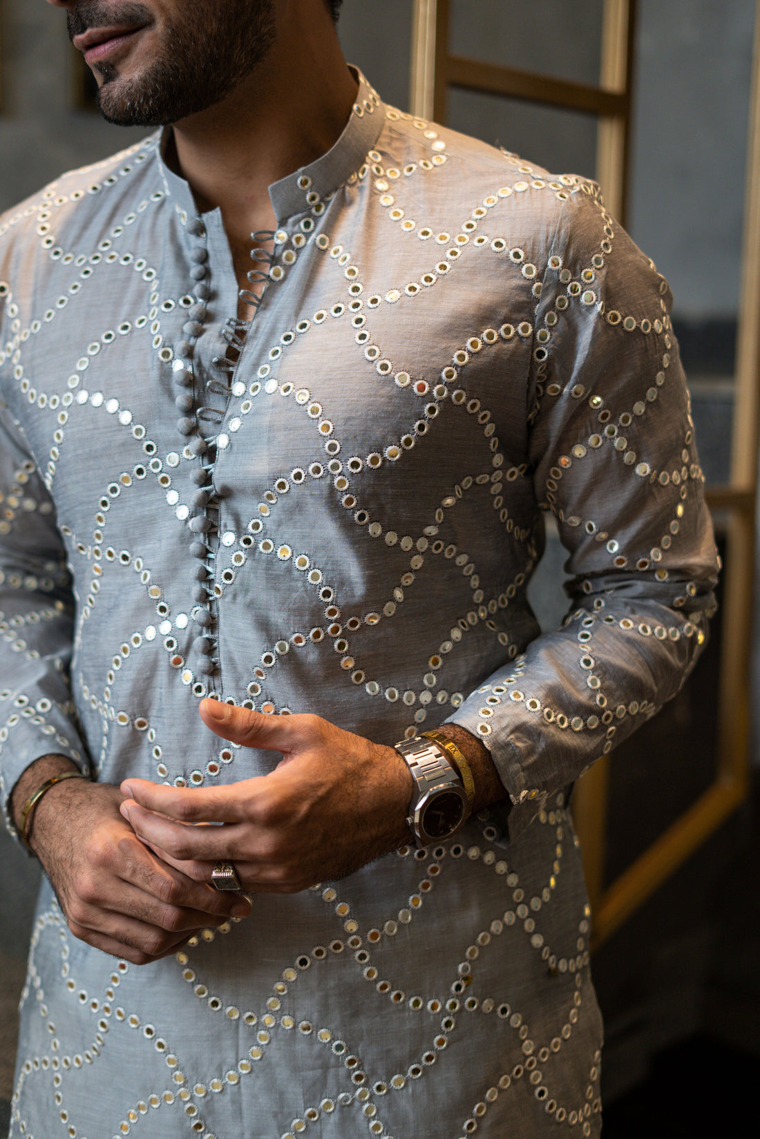 Silver Grey Embossed Mirror Work Kurta