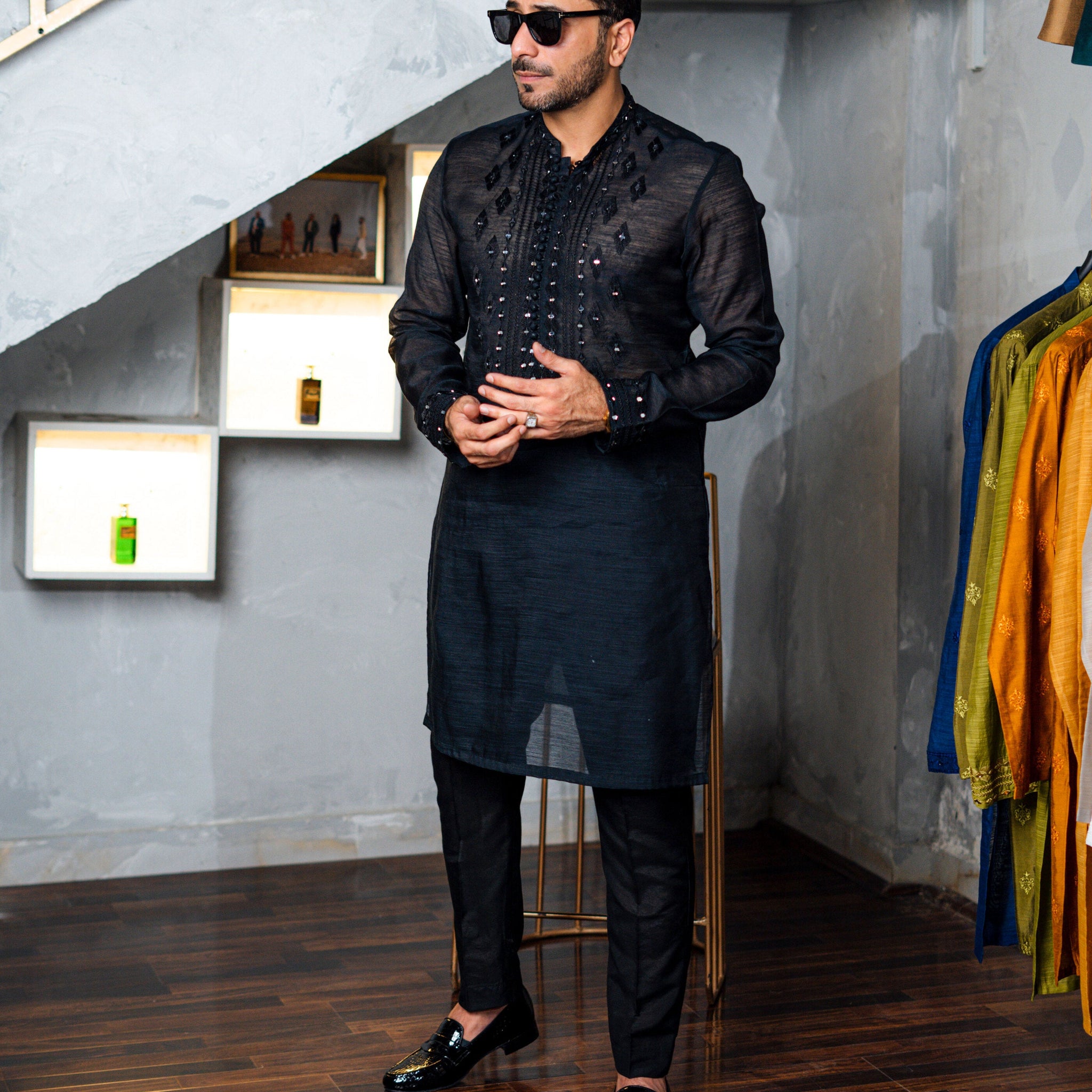 Black Embossed Squence Work Kurta