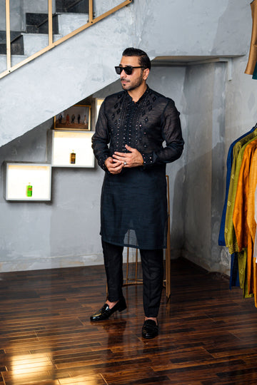 Black Embossed Squence Work Kurta