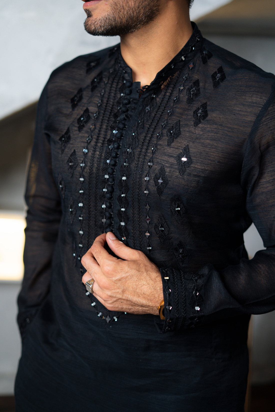 Black Embossed Squence Work Kurta