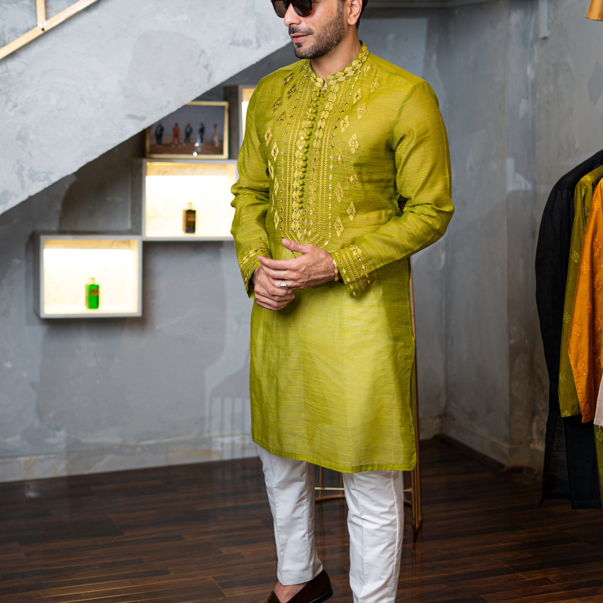 Pallete Green Self Embossed Squence Work Kurta