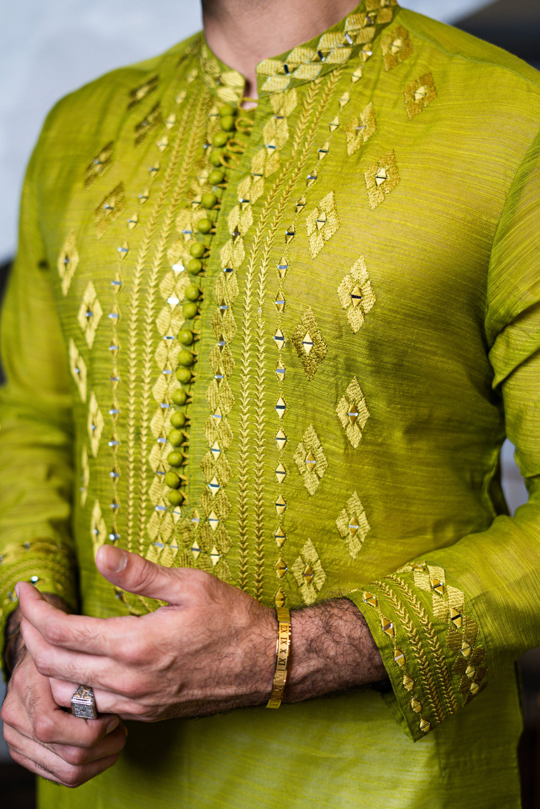Pallete Green Self Embossed Squence Work Kurta