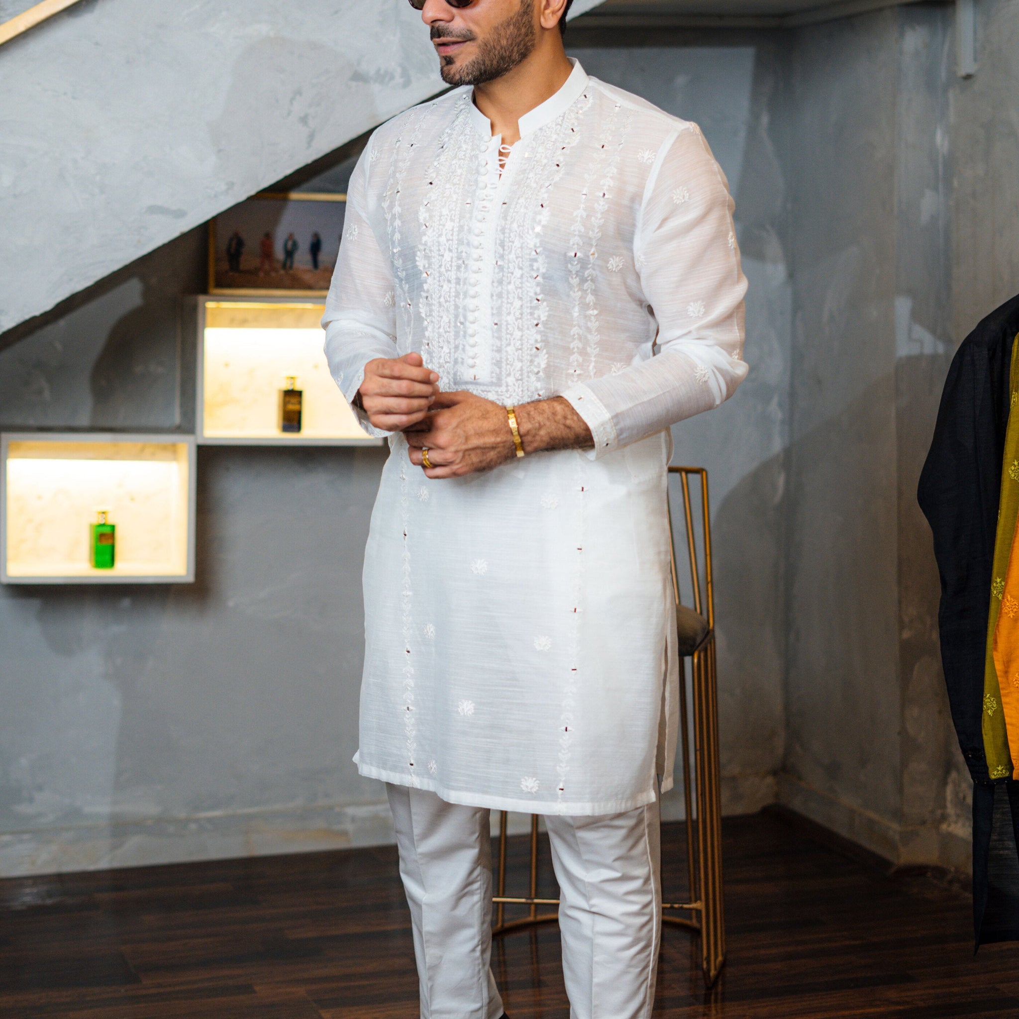 White Embossed Sequence Work Kurta Pajama