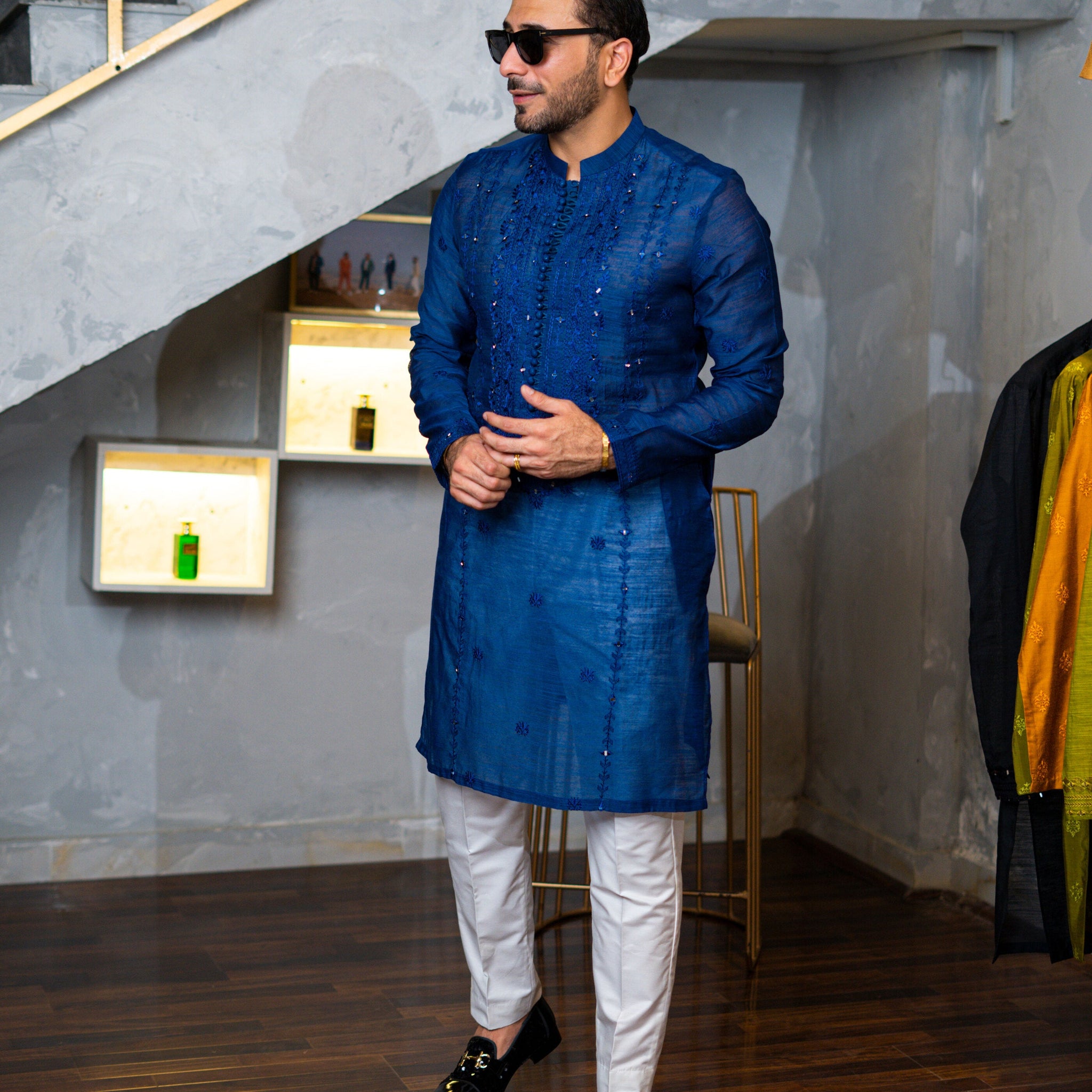 Blue Embossed Mirror Work Kurta