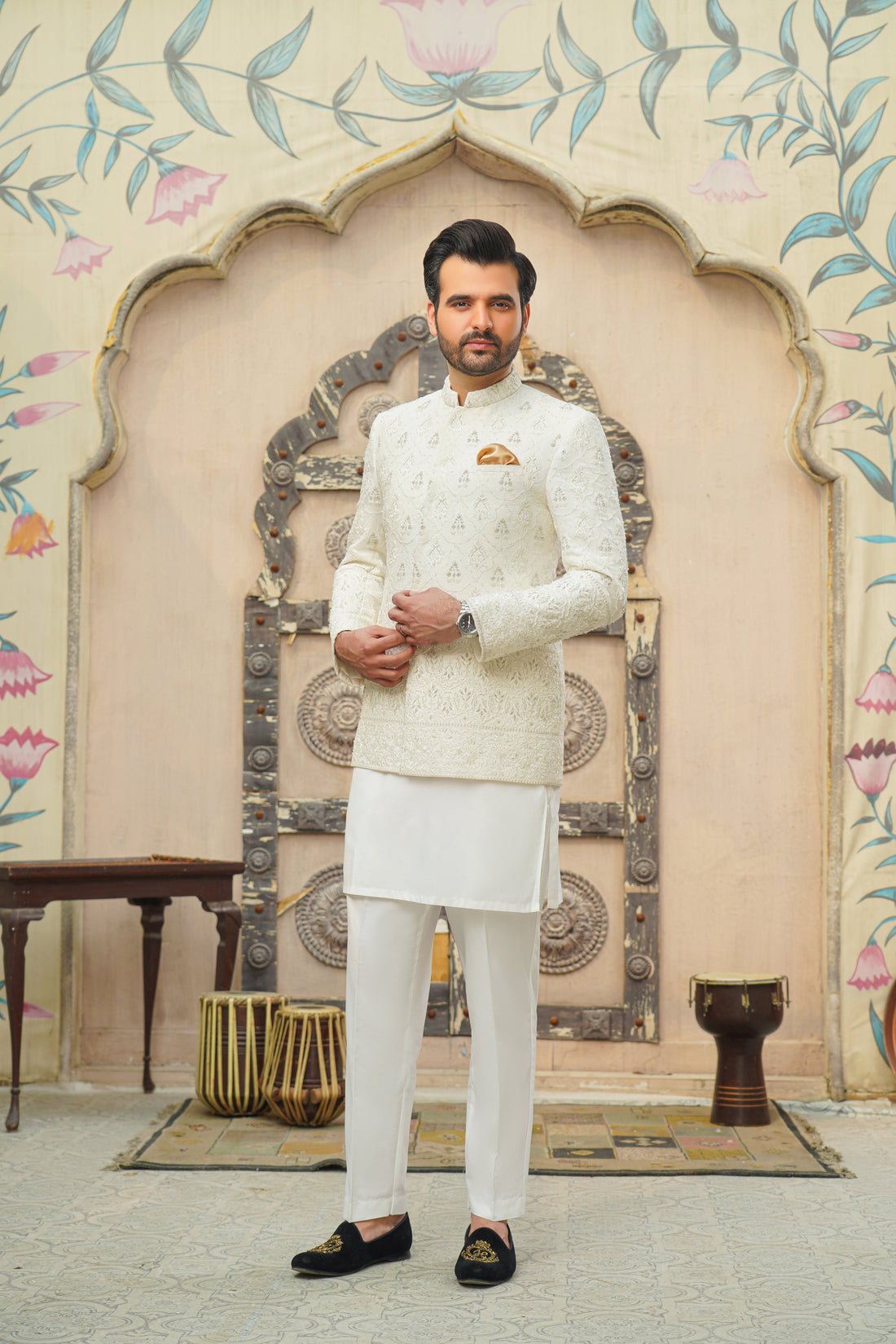 Self Embossed White Daman Prince Coat