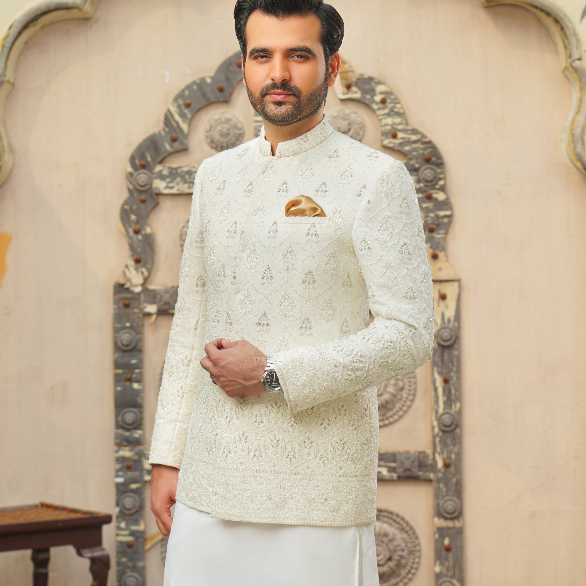 Self Embossed White Daman Prince Coat
