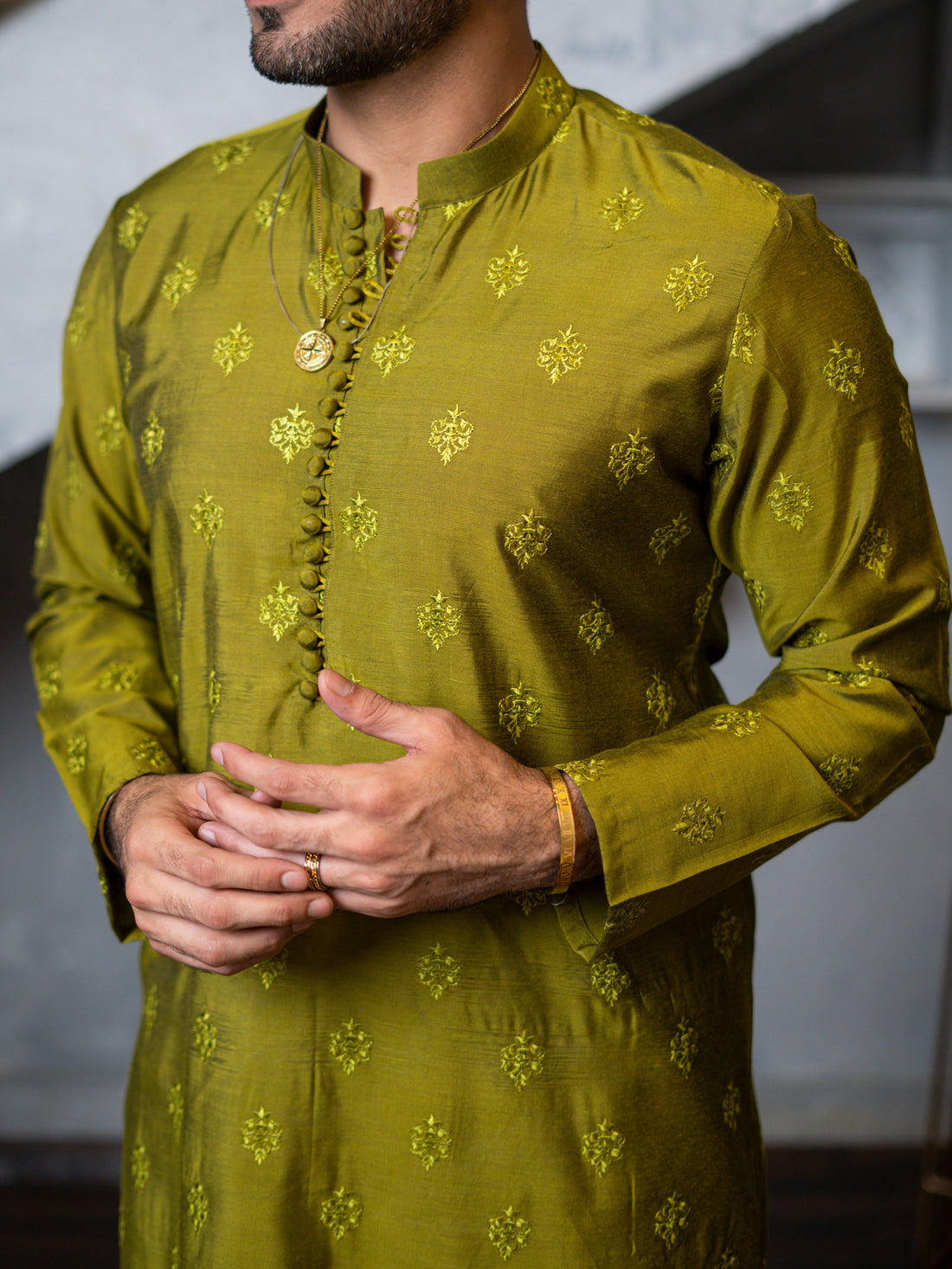 Olive Green Embossed Kurta Pajama