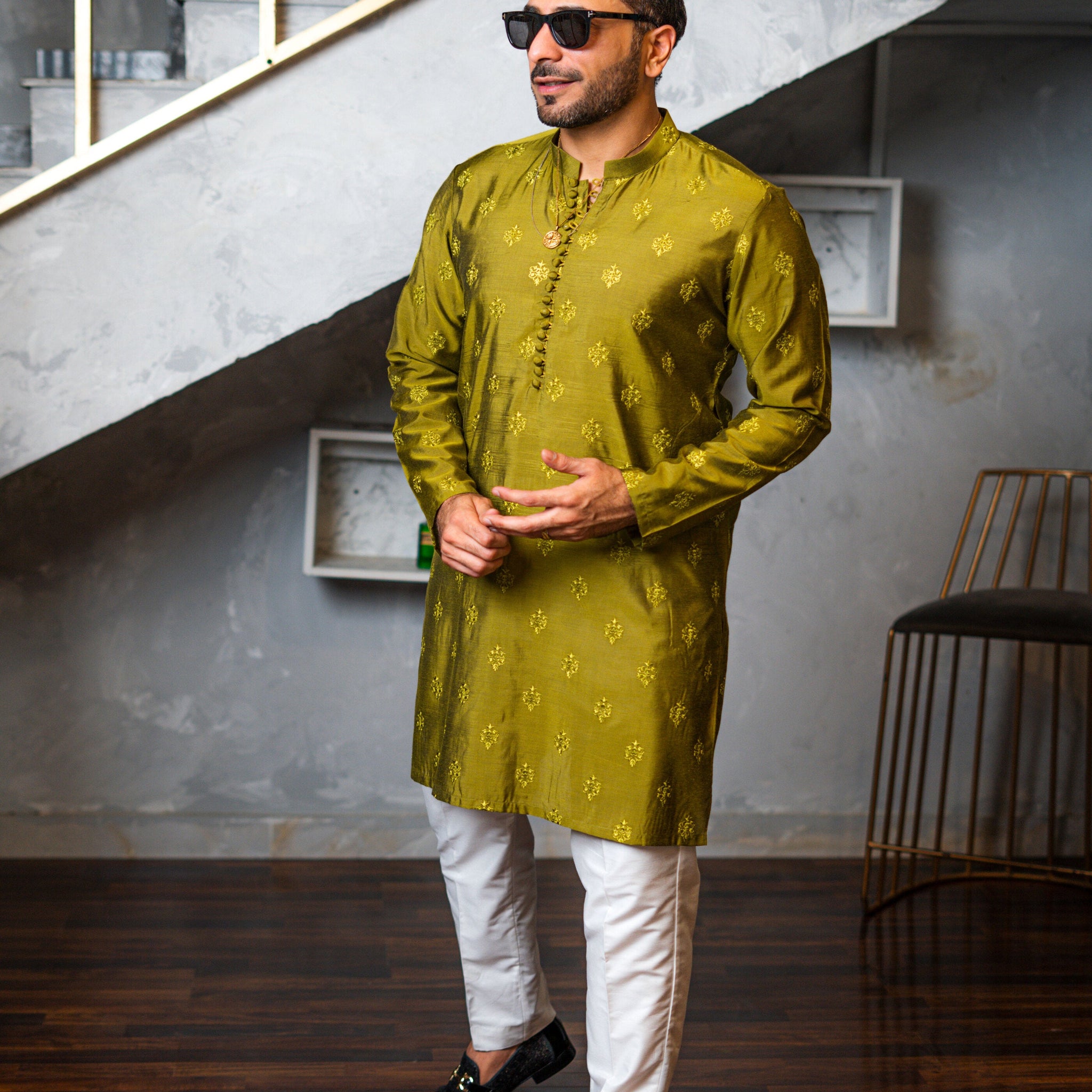 Olive Green Embossed Kurta Pajama