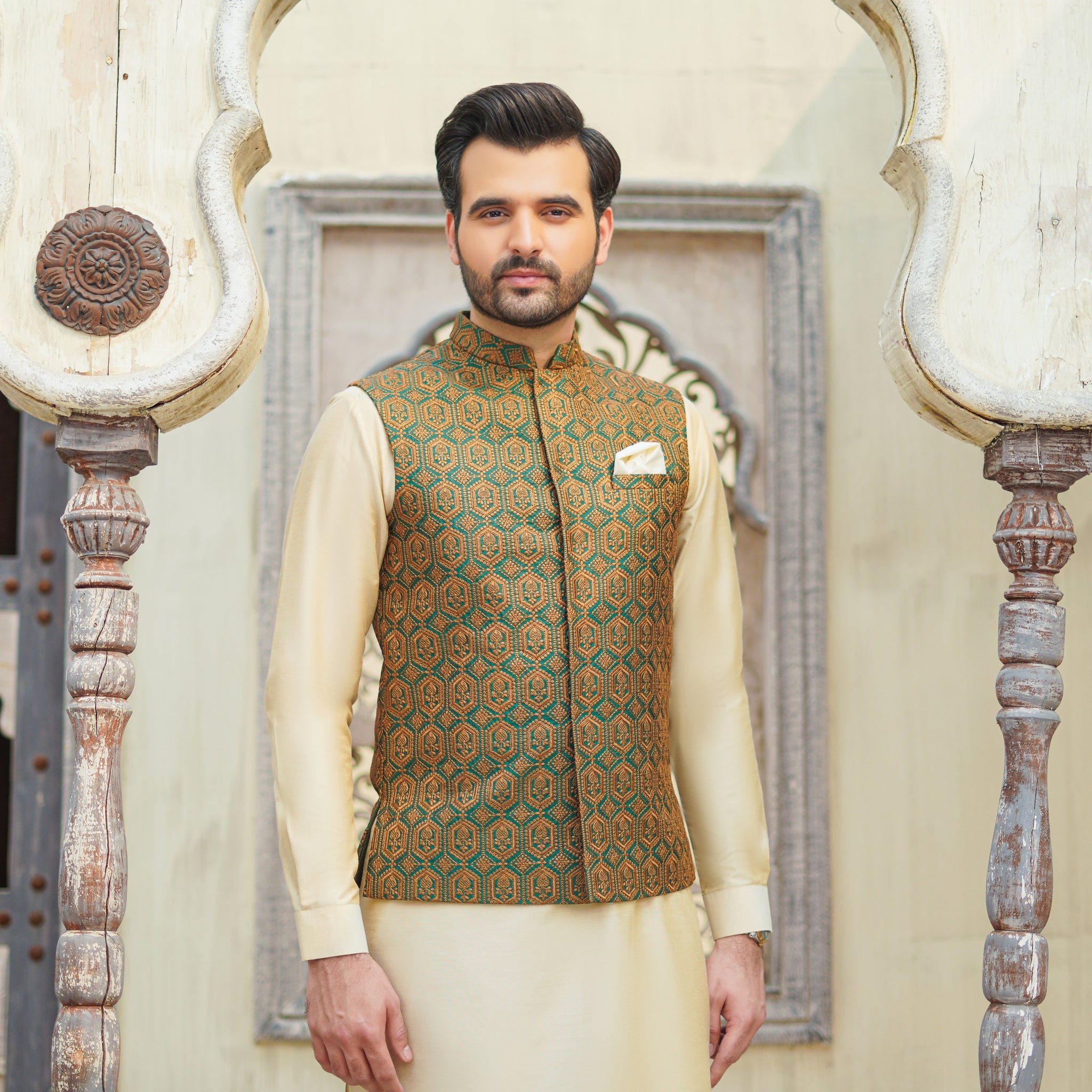 Green Beige Embellish Embroidery Waist Coat