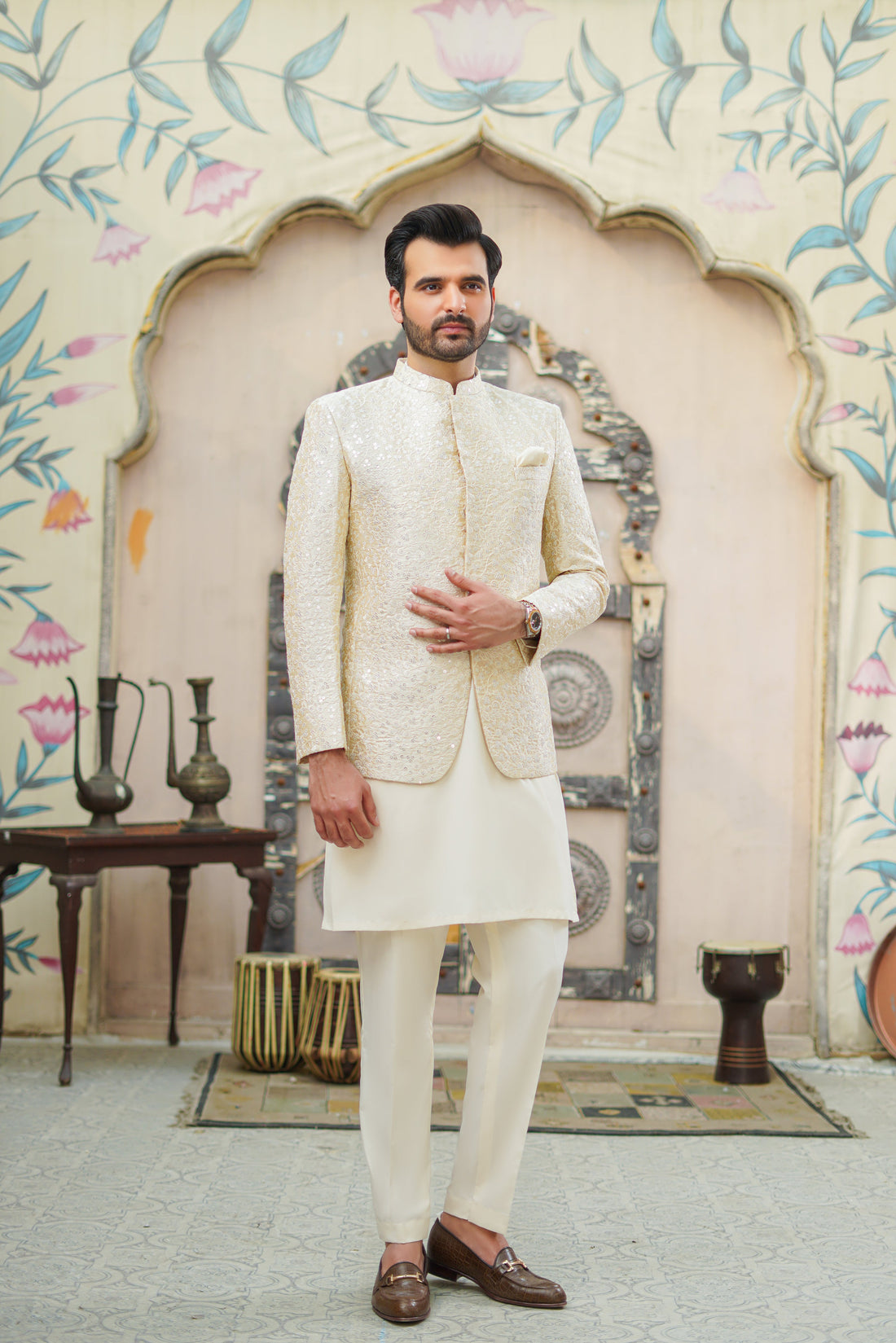 Ivory Beige Light Sequence Prince Coat