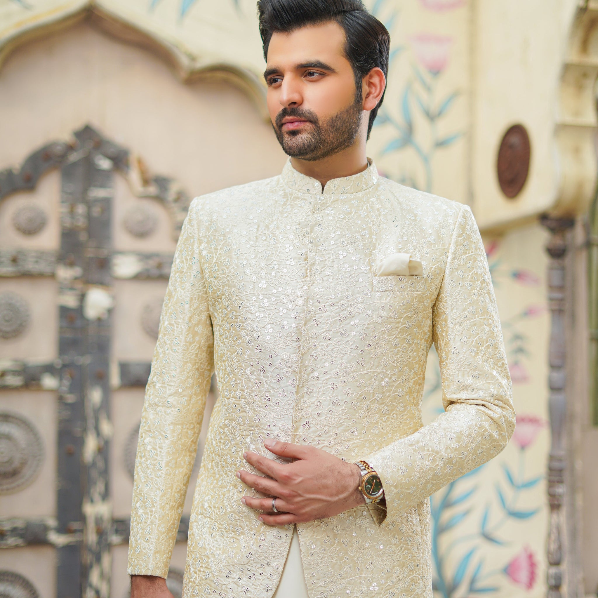 Ivory Beige Light Sequence Prince Coat