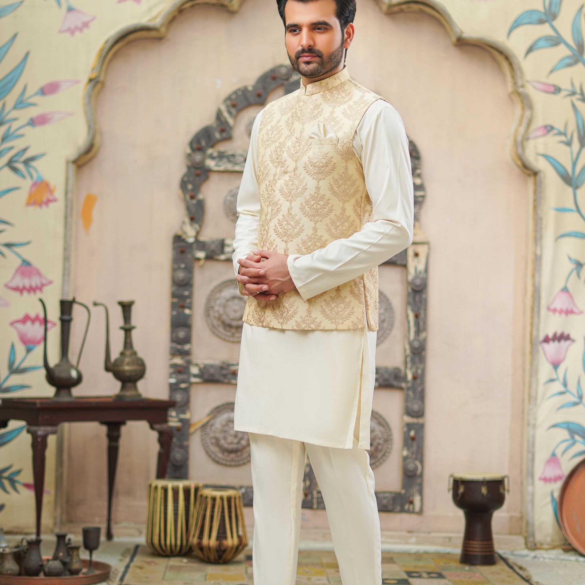 BEIGE EMBROIDED WAIST COAT